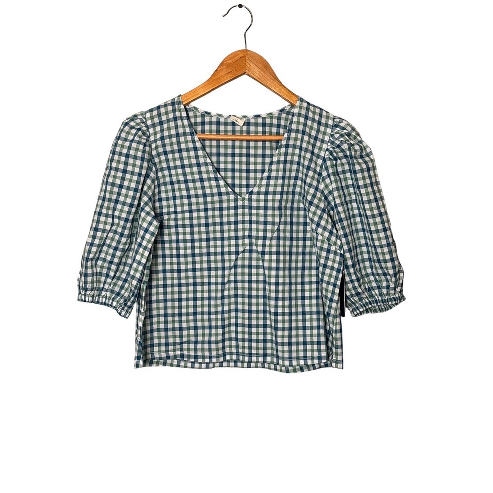 Melrose and Market Gingham Puff Sleeve V-Neck Blouse Green Blue XS NWT